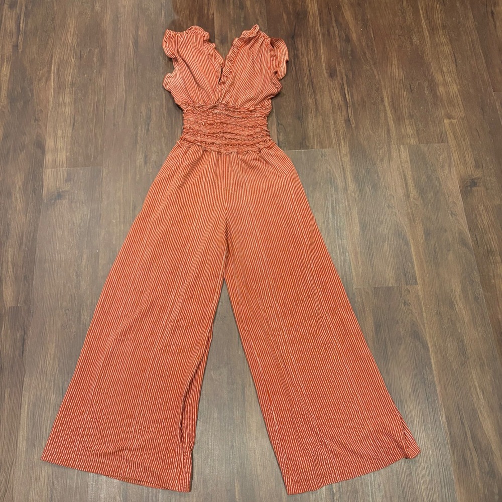 70s Retro Rust Orange Stripe Jumpsuit Boho Smocked Wide Leg Culotte Pants S